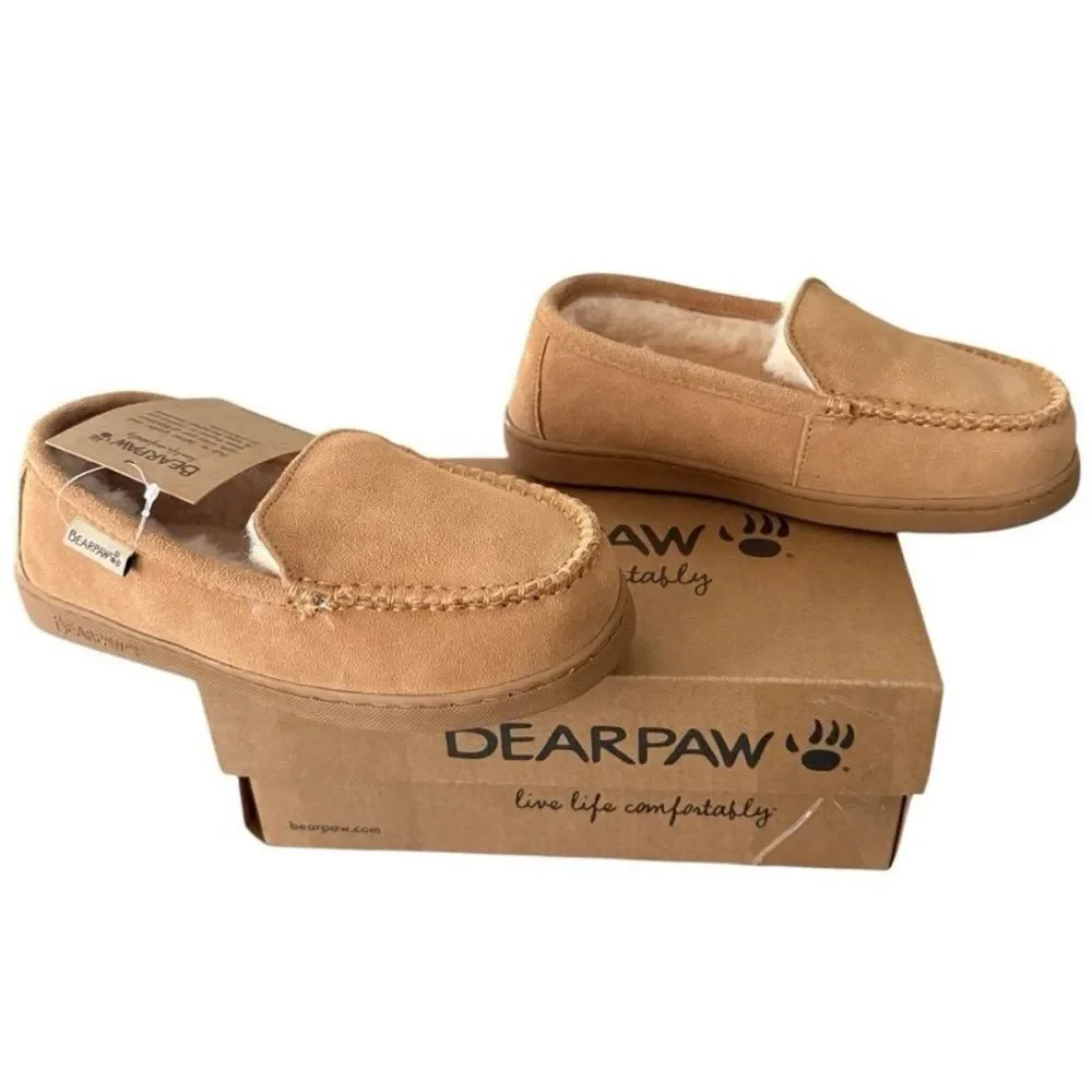 BEARPAW Jamie Youth Suede Moccasin Loafers Slippers Tan Iced Coffee Size 4 NIB⁠